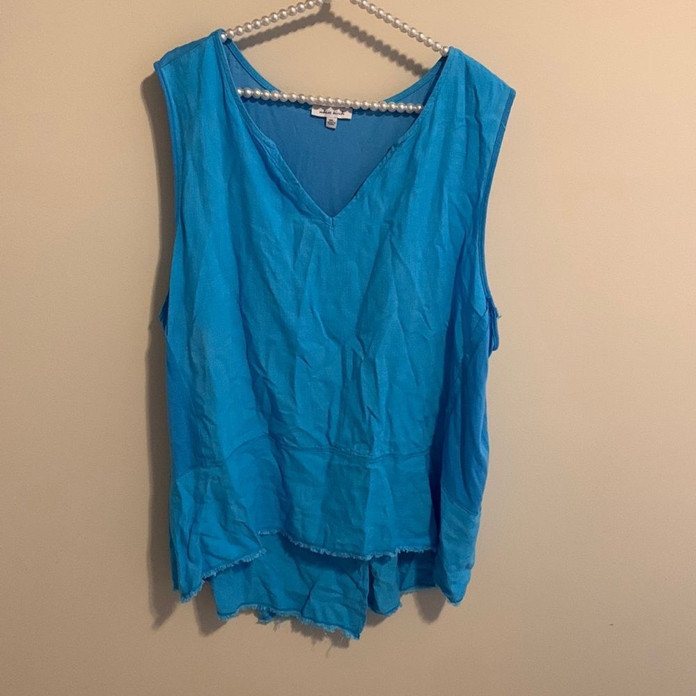 White Birch Blue Double Gauze Raw Edge V-Neck Tank Top Womens Size 1XL